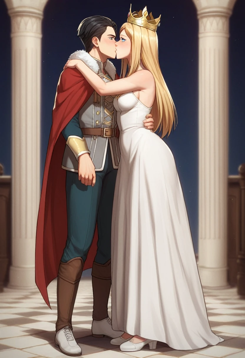 score_9, score_8_up, score_7_up, BREAK source_anime, historia reiss, blue eyes, blonde hair, long hair, medium , long white dress, red cape, fur trim, crown, white shoes,female black hair soldier kissing ing historia