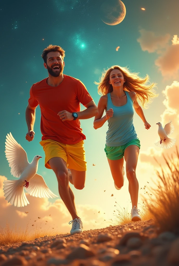 Sexy man and woman running in outer space wearing green shorts and a white T-shirt with a golden background next to white doves 