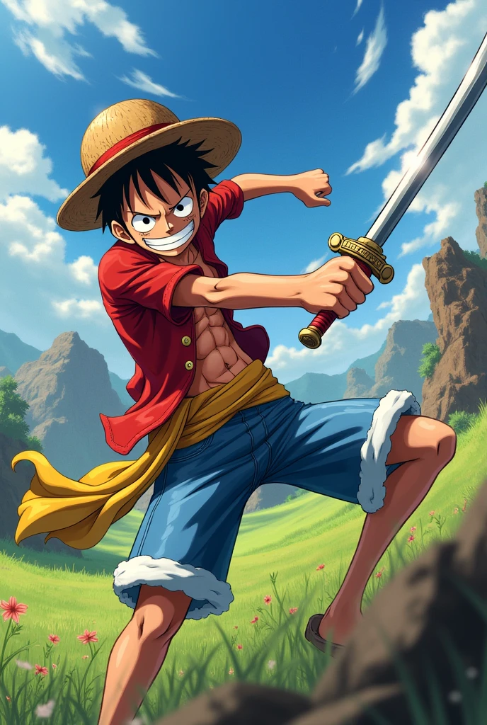 Create an image of Luffy fighting with sword