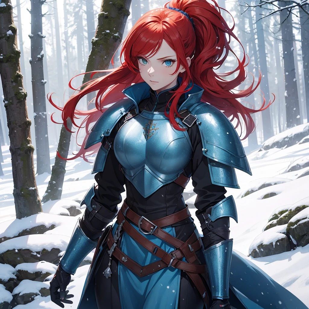 a beautiful young redhead medieval girl warrior in blue armor, light armor, red hair, hair tied in a ponytail, green eyes, slender body, beautiful woman, snowy background, snowy forest in the background,