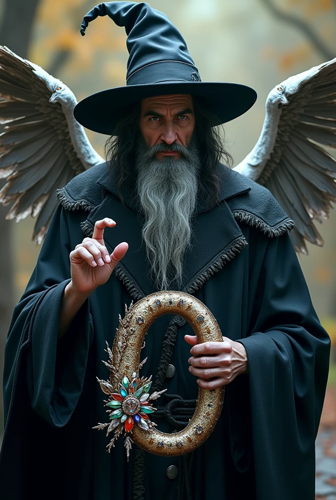 Create a wizard who looks like he's about 42 years old, with a sinister appearance very much in the style of witchcraft. Beside him, there should be "O" adorned with diamonds and gems , red rubies with a Harry Potter wizard theme very striking and its very elaborate style next to it is a unicorn with good sized wings of a peculiar appearance ,Intimidating yet fascinating and captivating, the background is a whimsical place.. The text is perfectly visible "OMEY" In the image. art style , finished luxury premiere , 8 k plus , Reality Max. all very well detailed