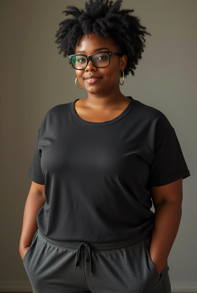 (photorealism:1.2), black beautiful woman, curvaceous,wearing sweat pants, short curly hair,oversized black glasses, standing , realistic, intricate detail,
