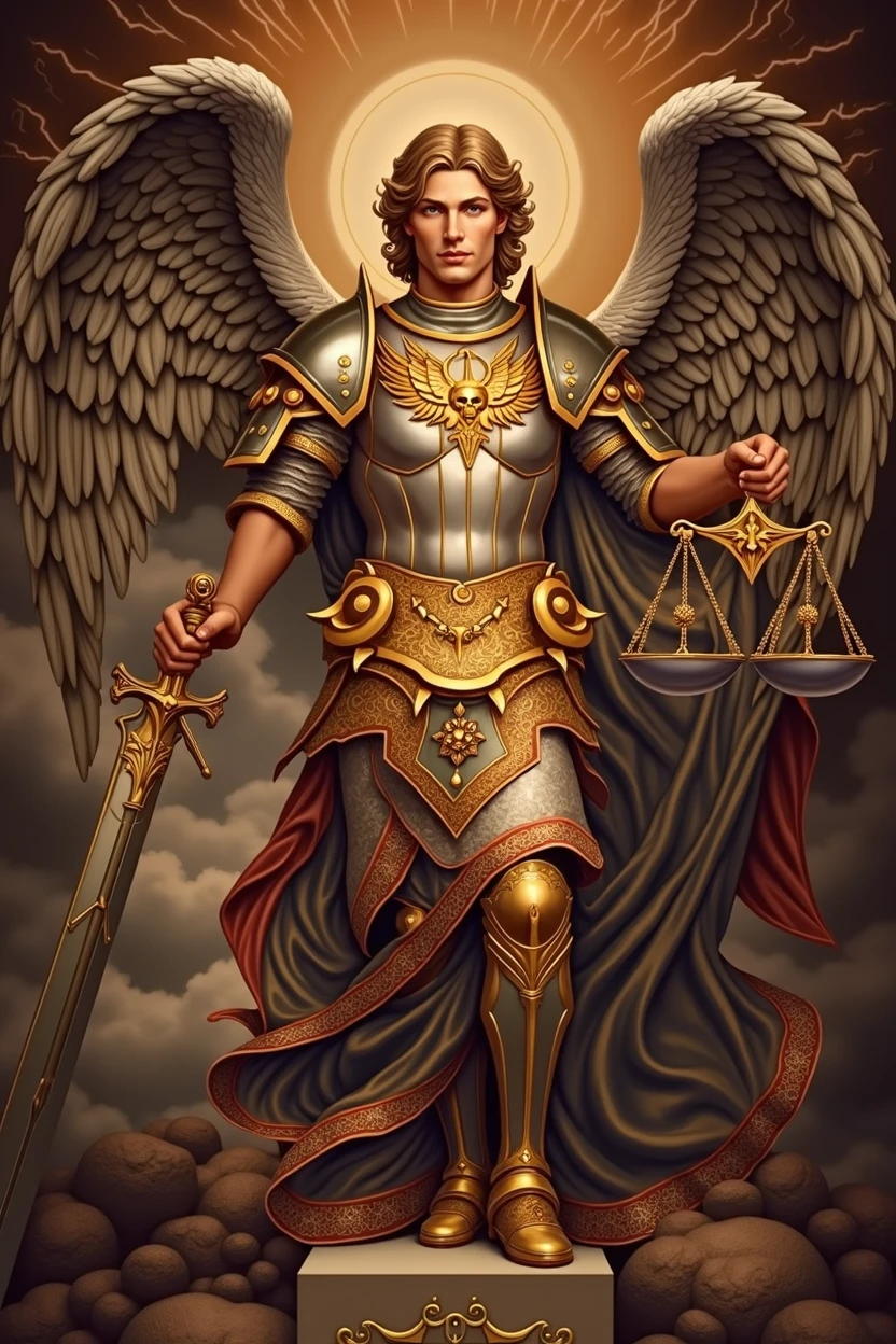 Imagine Saint Michael in shining armor that reflects the light, with intricate details in the metal. His face is serene but powerful, with eyes that convey determination and compassion. In one hand he holds a shining sword, while in the other there is a scale, symbolizing justice. The wings are majestic, with feathers that look almost real, capturing light in a spectacular way. The background could be a dramatic sky, with clouds adding a touch of majesty to the scene.