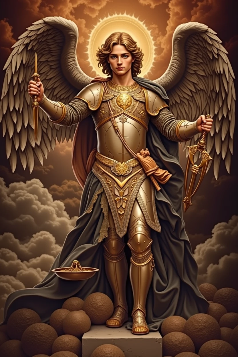 Imagine Saint Michael in shining armor that reflects the light, with intricate details in the metal. His face is serene but powerful, with eyes that convey determination and compassion. In one hand he holds a shining sword, while in the other there is a scale, symbolizing justice. The wings are majestic, with feathers that look almost real, capturing light in a spectacular way. The background could be a dramatic sky, with clouds adding a touch of majesty to the scene.