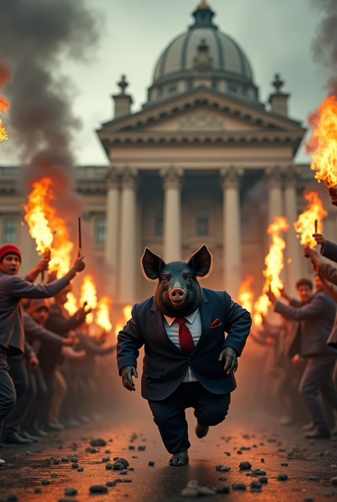 A fat, black pig wearing a formal suit is running and being chased by many people carrying torches to burn it in front of the Guatemalan Congress. 