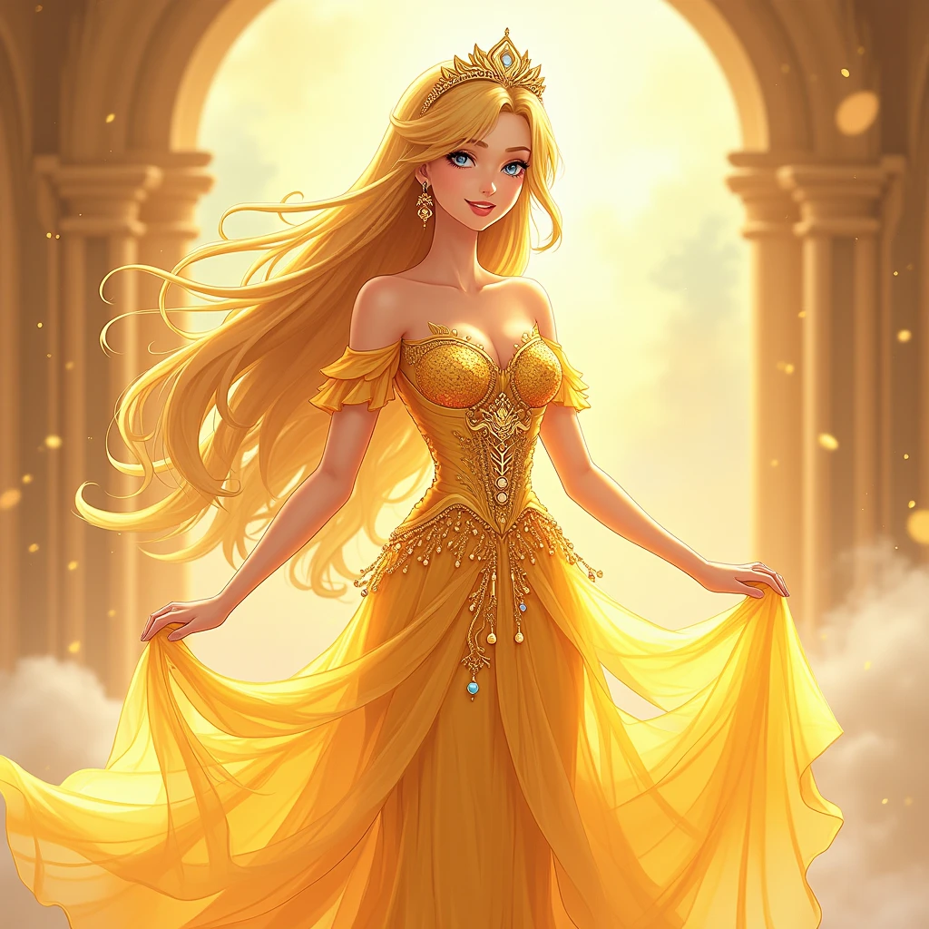 A beautiful goddess in a dazzling, golden anime-style dress, with a shimmering tiara.