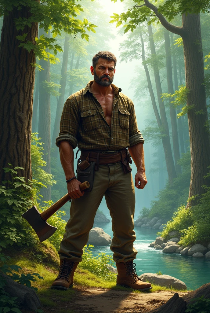 The woodcutter stands near a tree in the forest, an axe in hand, chopping wood. The picture also includes a view of the trees and the river.