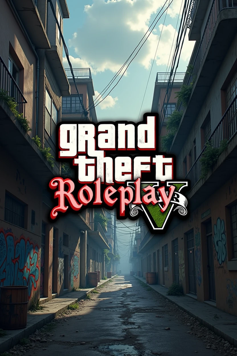 A detailed photorealistic and highly detailed logo for Grajau Roleplay, a city in the style of the GTA video game series, featuring a favela cityscape, cinematic lighting, gritty textures, dramatic shadows, graffiti elements, and an expertly crafted logo with the text "Grajau Roleplay" in a bold, stylized font