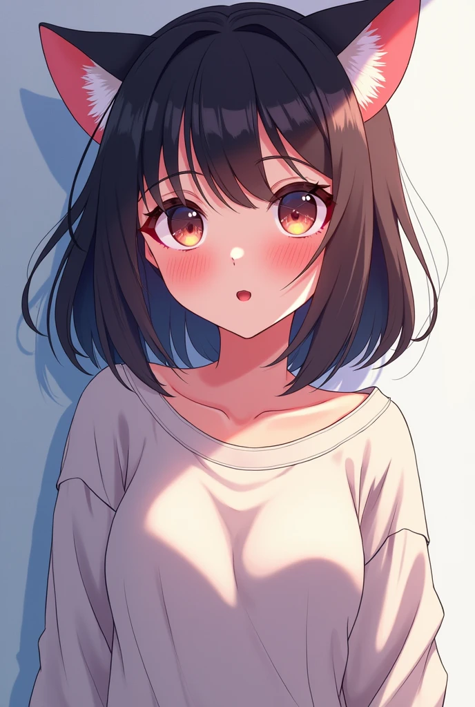 one girl, cat ears, obedient, anime style, upperbody, hypnotized eyes, sweatshirt, open mouth