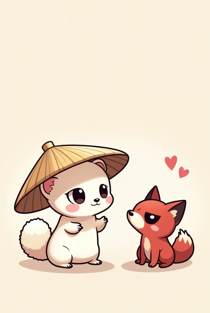 a chibi anime cartoon drawing of a white ferret wearing a Chinese straw hat, with white bands around the front legs and one around the neck. Alongside a dark red fox wearing a black eye patch on its left eye