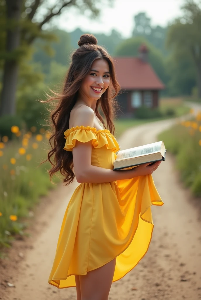 Brunette influencer, Cosplay as Belle outfit, down a dirt road with a cottage in the background, holding a book, pulling up her dress to reveal cute yellow thong panties, cute yellow dress, cute smile, taken with a Canon R5 F1.2