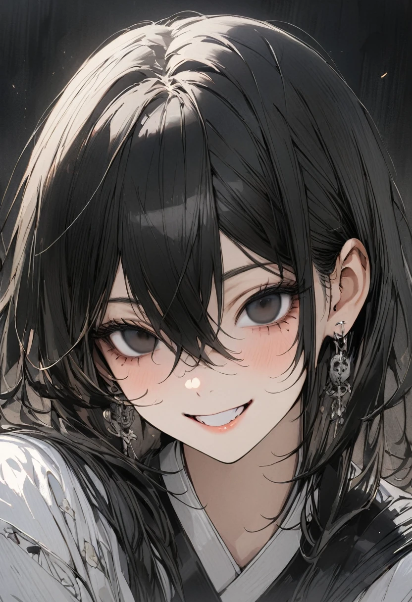 1 woman, striped hair, long black hair, hair between eyes, moles under the eyes, blank eyes, smile, high detail, conceptual art, japanese cartoon movies, gothic art, masterpiece, super detail, high details, high quality, best quality