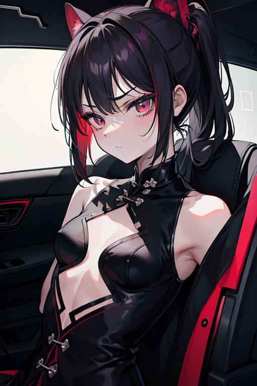 One person, High resolution, High resolution, masterpiece, Anatomically correct, Accurate, number々Awards for, Textured skin, retina, Black Hair, Split Ponytail, The body is slim,Slanted Eyes, Contempt/angry gaze, Wide-angle shot, Valletta, Anaglyph, Unreal Engine, Black mini cheongsam,Back seat of a minivan,Small breasts,Gothicta,Makeup that doesn't suit me