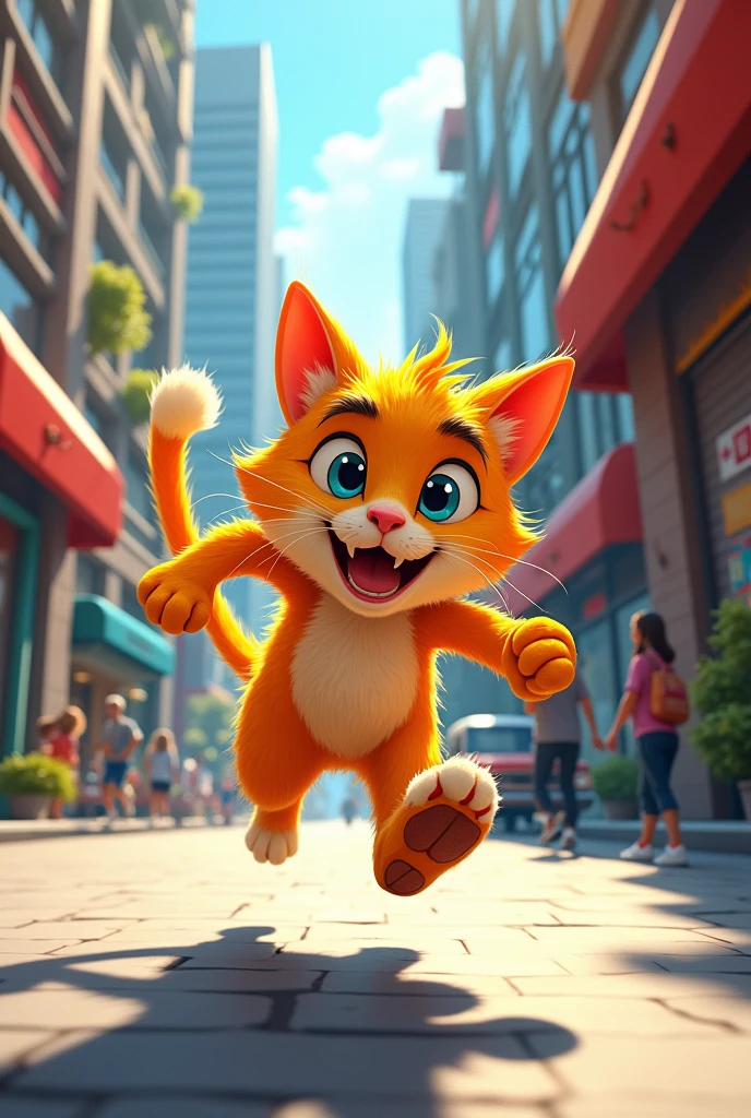 Draw a crazy cat with a running to the left in 2d paper cartoon in the city, every detail