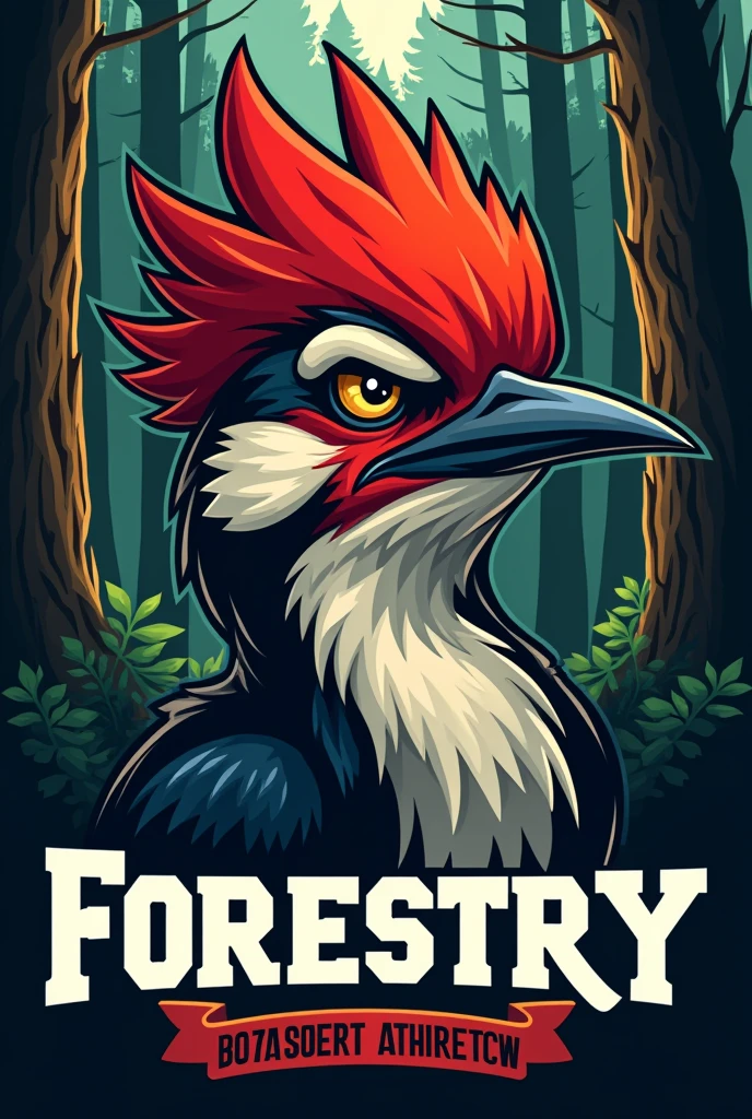 A cartoon illustration of a woodpecker's face, with an aggressive visual, to be used as a vest patch for a forestry engineering athletic team. Put trees in the background and make an illustration in darker tones. The illustration must contain the writing "Forestry" above the woodpecker, and the writing "10 years of History" below the woodpecker