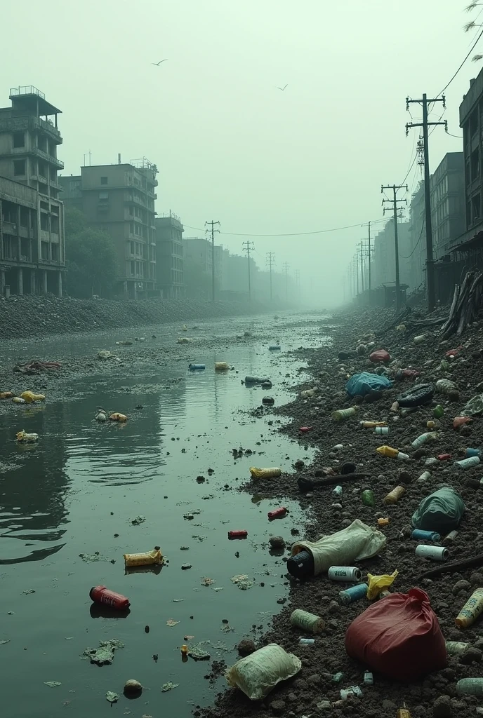 A river polluted with garbage and waste