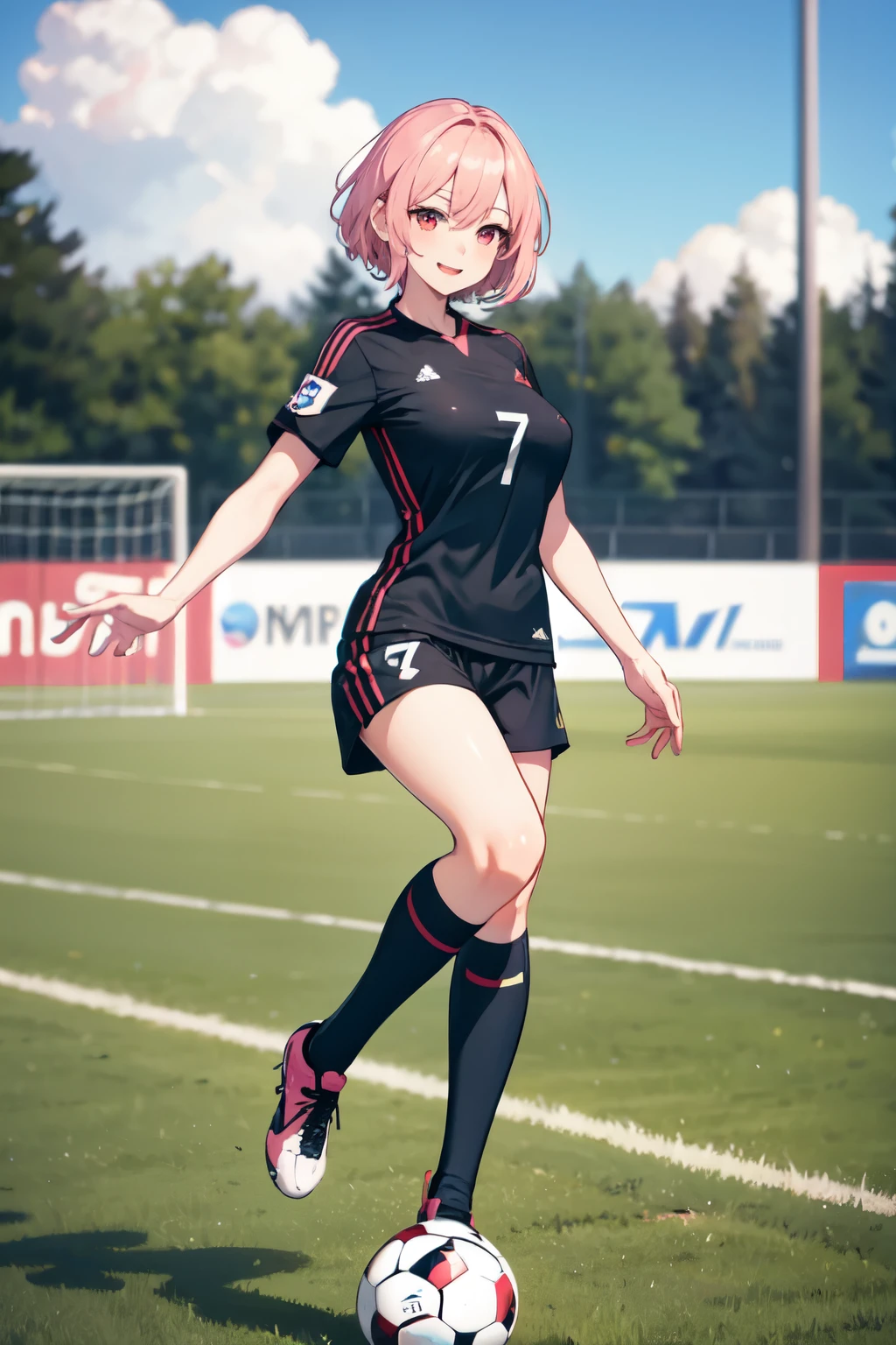 beautiful woman, short pink hair, red eyes, black soccer uniform, number 7, long socks, big bust, cheerful expression, on the soccer field