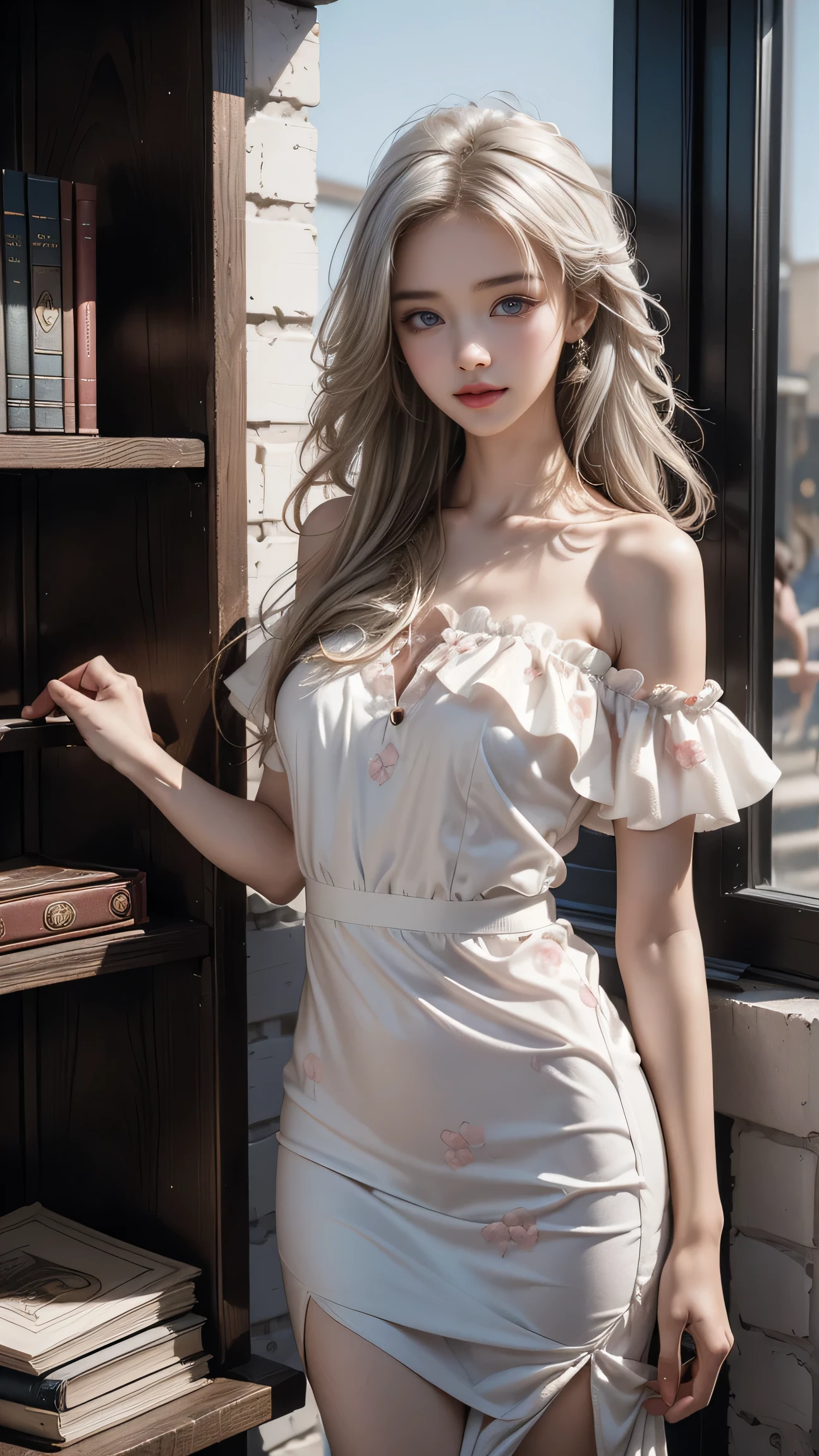 ((Woman Standing On Balcony Of Old Castle))Heterochromia of the iris,Silver-haired,High resolution free,(Semi-transparent off-the-shoulder white floral dress)、(Wind blows my skirt)((Girl Standing in Front of Library Bookshelves))、(Back view)、(Looking back)、Highest quality works,Actual work,Ultra Premium Graphics,8K HD CG Works,High Quality Graphics,High-definition CG works,10x pixels,Extremely fine detail:1.1,Advanced Technical Details:1.1 Photorealistic,Natural light:1.5、((Golden White Short Hair))、(Bob Hair)、Thin eyebrows、High nose、Nice red lips、Rose Cheeks、Face with Subtle Makeup、Cute Face、Perfectly balanced face、()、Bright Toned Foundation Enhances Skin Transparency。、、(Off-the-shoulder white floral dress)). 40k、photograph、Tabletop、Highest quality、Rain Background、((1 Beautiful Eyes、bright hair、White skin、 Mr.々Pose。((Medium chest、:1.1))、Highest quality、Tabletop、Ultra-high resolution、(Real:1.4)、RAWphotograph、(Perfect Figure)、(slim:1.3)、Slim abdomen、Perfect slim figure、Dynamic Pose、one person、Cold light 12000K、Very detailed face and skin texture、Fine particles、Realistic eyes、Beautiful Fine particles、(Real skin)、Charm、Ultra-high resolution、surreal、Very detailed、