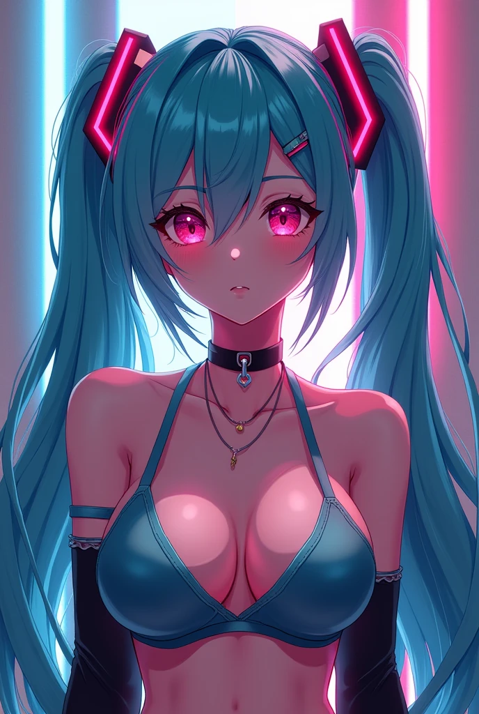 ((Hatsune Miku)), (heavy blushing), ((luminous design)), blue hair, pink eyes, seductive expression, (lewd), (ecchi), (cyberpunk), (punk), ((large breasts)), athletic, choker, rave, wristband, sexy, submissive, ((natural lighting)), (radiosity, ambient occlusion, anisotropic filtering), ((hdr rendering, vector, digital art)), upper body, anime, neon bra,