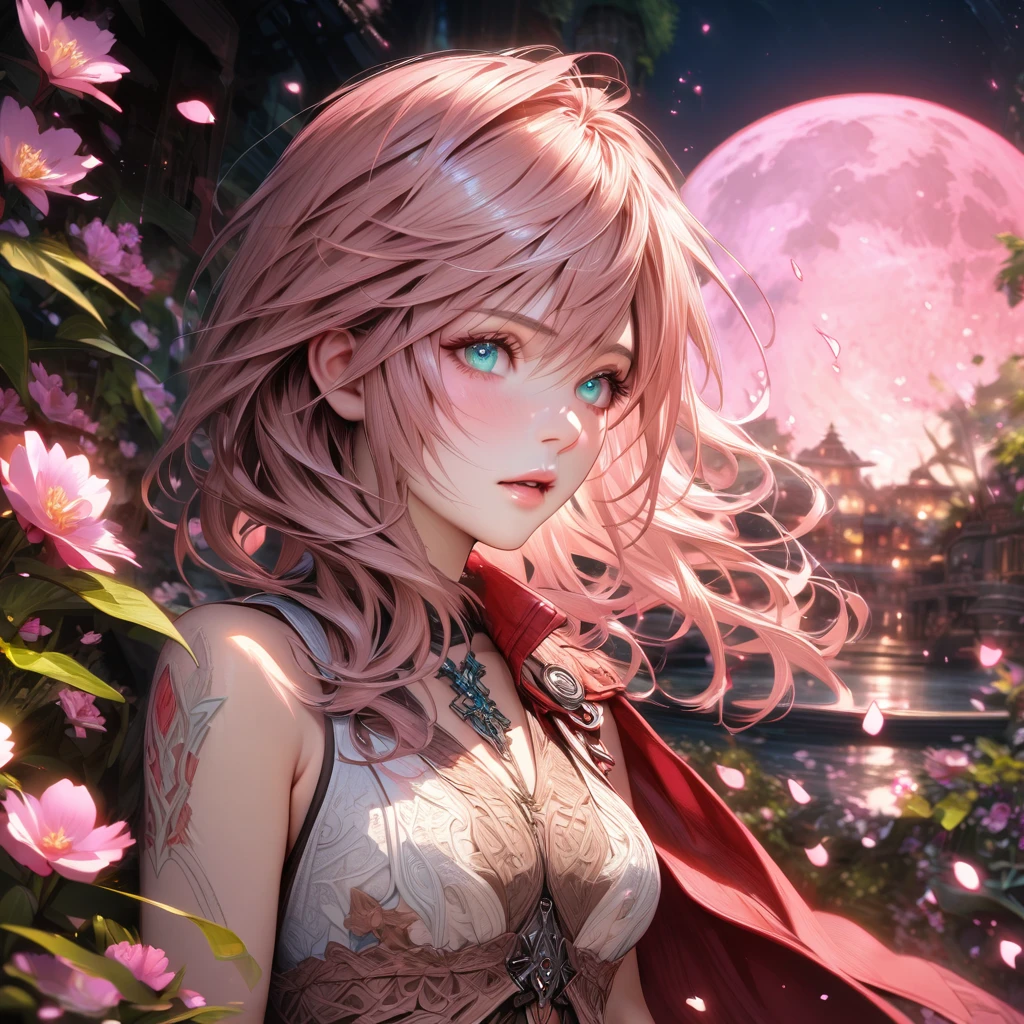 Ultra detailed, highres, absurdres, HDR, master piece, Claire Farron, wavy pink short hair, expressive pale aqua eyes, white dress with brown patterns, red cape, Lightning Farron, Final Fantasy XIII, pink flowers, petals, fireflies, pink moon, woman, solo, extremely beautiful, very detailed face and eyes, best quality, fantasy, magical, realistic face,