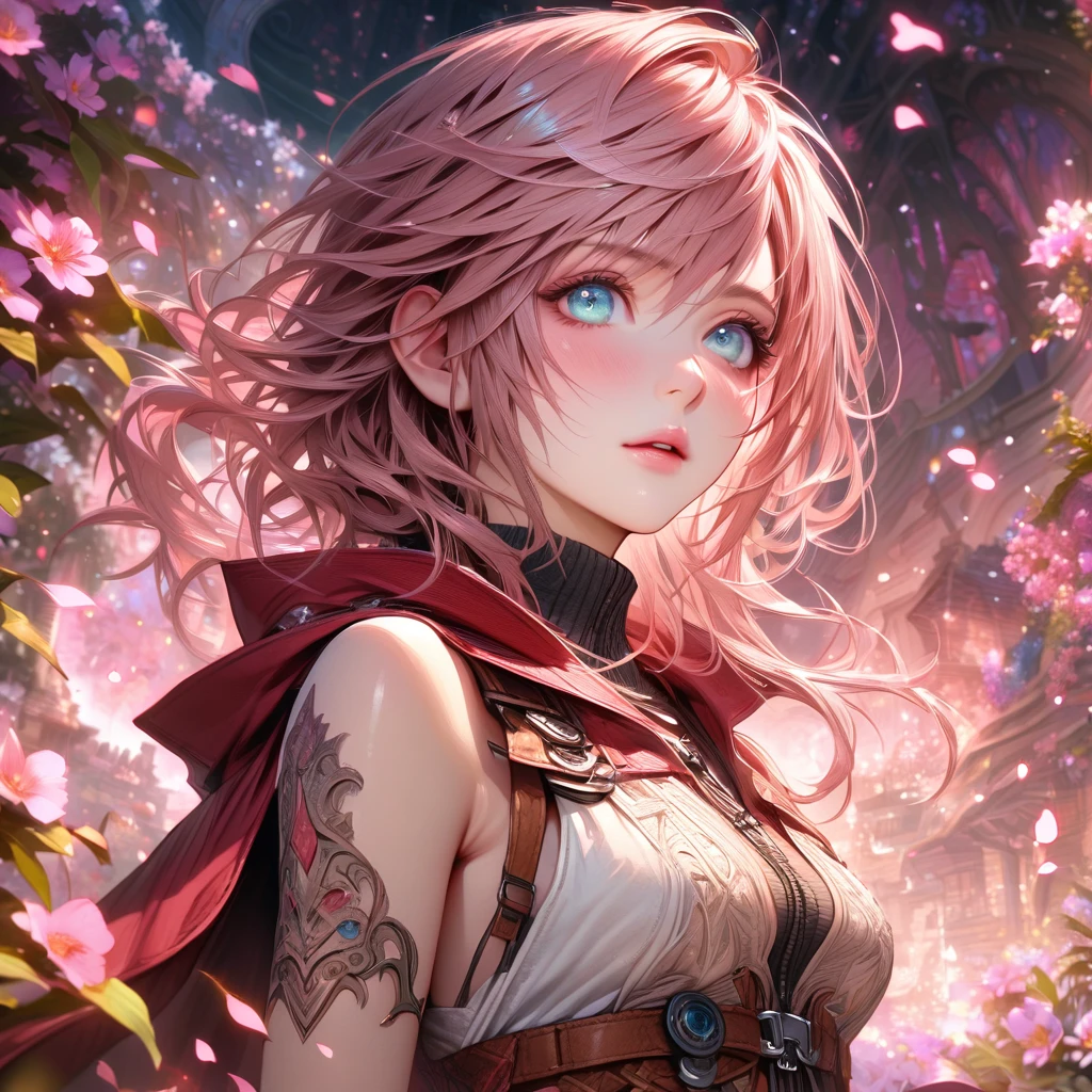 Ultra detailed, highres, absurdres, HDR, master piece, Claire Farron, wavy pink short hair, expressive pale aqua eyes, white dress with brown patterns, red cape, Lightning Farron, Final Fantasy XIII, pink flowers, petals, fireflies, pink moon, woman, solo, extremely beautiful, very detailed face and eyes, best quality, fantasy, magical, realistic face,