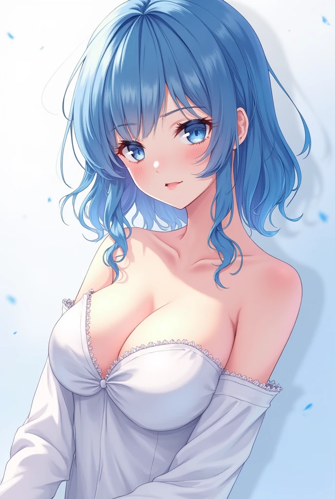 Anime Style、High resolution、high resolution、Blue Hair、Girl、White clothes、Nipple peek、Beautiful boobs
