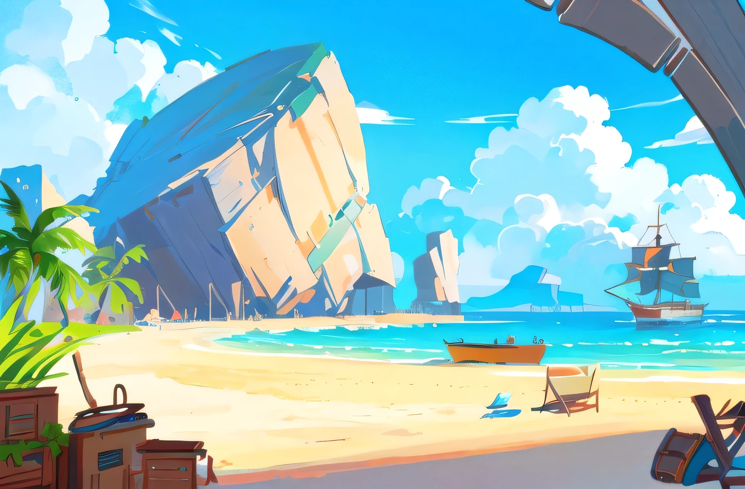 There is a cartoon picture of a boat on the beach., background technology, relaxing Concept Art, stylized Concept Art, background technologywork, scenery game Concept Art, Concept Art!, 2d Concept Art, Concept Art for a video game, Island Background, Concept Art scene, Beach sunny day, Stylized digital illustration, 4k hd illustration wallpaper, Beach scenery