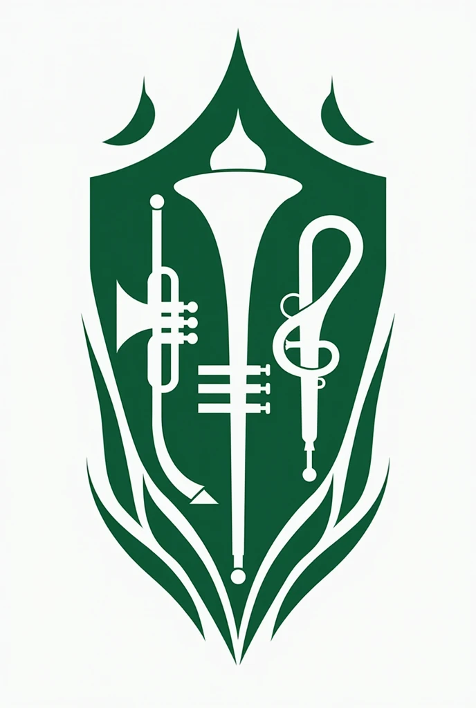 Emblem for the Dom Hélder Câmara Marching Band, in green and white colors, with trombone images, Trumpet, tenor case and tuba