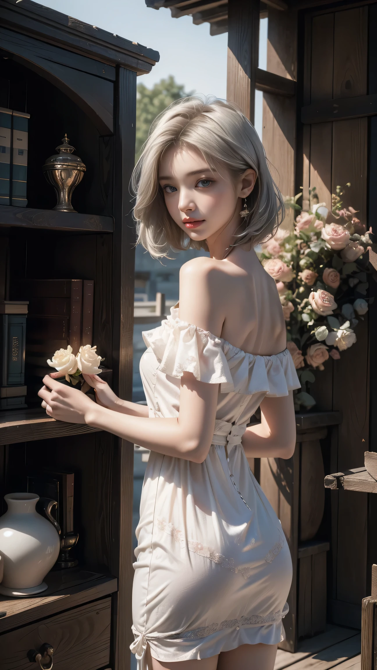 ((Woman Standing On Balcony Of Old Castle))Heterochromia of the iris,Silver-haired,High resolution free,(Semi-transparent off-the-shoulder white floral dress)、(Wind blows my skirt)((Girl Standing in Front of Library Bookshelves))、(Back view)、(Looking back)、Highest quality works,Actual work,Ultra Premium Graphics,8K HD CG Works,High Quality Graphics,High-definition CG works,10x pixels,Extremely fine detail:1.1,Advanced Technical Details:1.1 Photorealistic,Natural light:1.5、((Golden White Short Hair))、(Bob Hair)、Thin eyebrows、High nose、Nice red lips、Rose Cheeks、Face with Subtle Makeup、Cute Face、Perfectly balanced face、()、Bright Toned Foundation Enhances Skin Transparency。、、(Off-the-shoulder white floral dress)). 40k、photograph、Tabletop、Highest quality、Rain Background、((1 Beautiful Eyes、bright hair、White skin、 Mr.々Pose。((Medium chest、:1.1))、Highest quality、Tabletop、Ultra-high resolution、(Real:1.4)、RAWphotograph、(Perfect Figure)、(slim:1.3)、Slim abdomen、Perfect slim figure、Dynamic Pose、one person、Cold light 12000K、Very detailed face and skin texture、Fine particles、Realistic eyes、Beautiful Fine particles、(Real skin)、Charm、Ultra-high resolution、surreal、Very detailed、