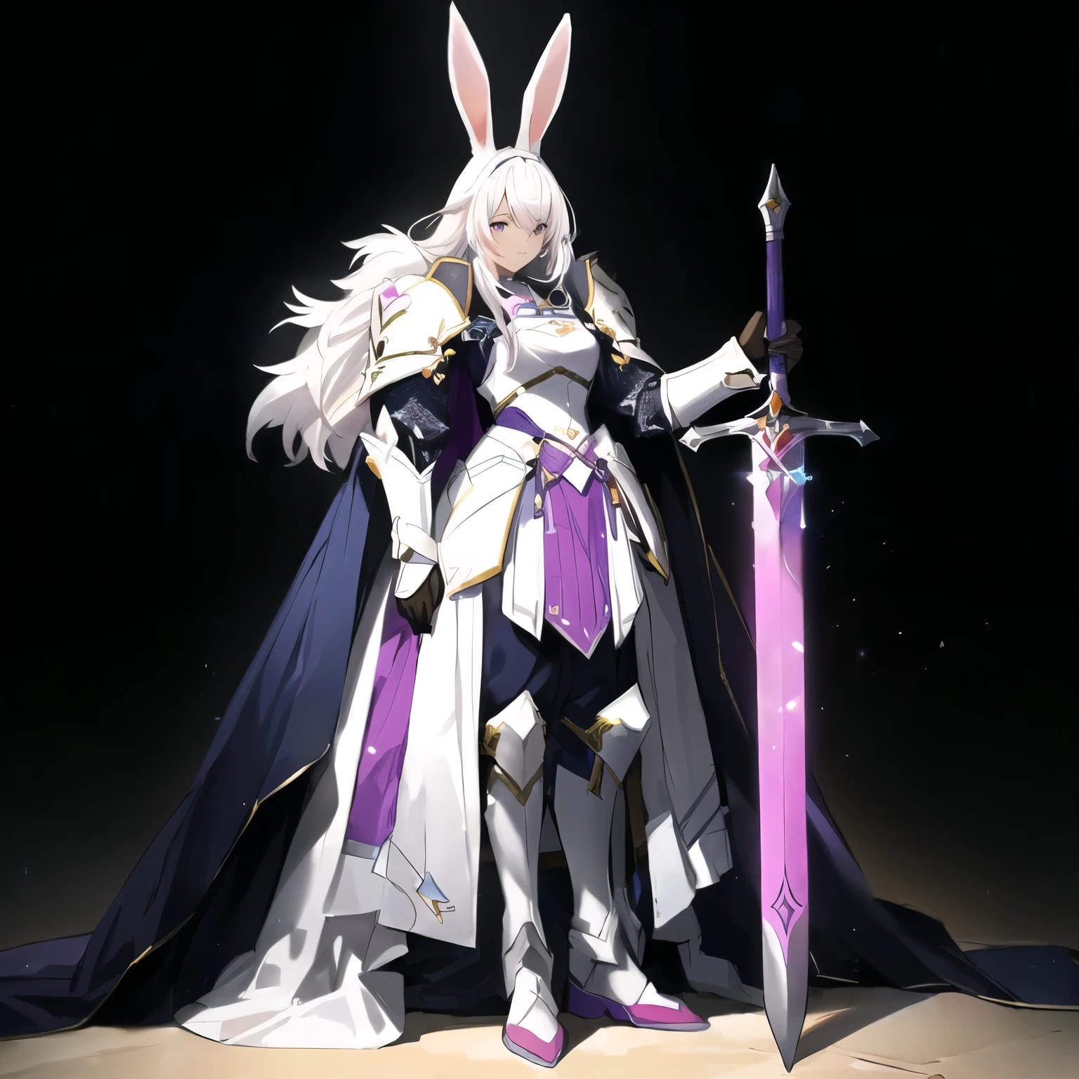 anime character dressed in white and purple outfit holding a sword, rabbt_character, rabbit warrior, cushart krenz key art feminine, official character art, bunny with helmet and sword, full portrait of magical knight, knights of zodiac girl, portrait knights of zodiac girl, ( ( character concept art ) ), from arknights, female knight, epic exquisite character art