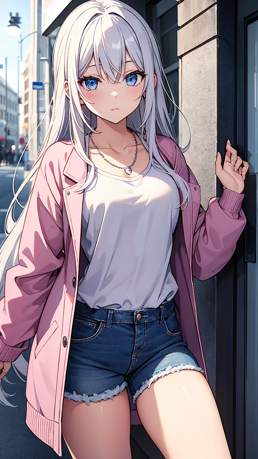 Mio_Yowane(Original Character), 1girl, Long hair, Blue eyes, white hair, Pink shirt, grey jacket, purple denim shorts, necklace with a red pearl