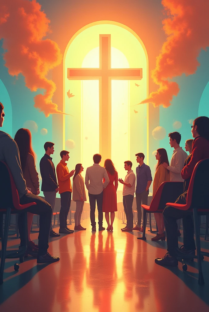 Generate me an image regarding the topic of crossroads for a youth worship service in a church that is youthful and professional., When there are grudges, then there is reconciliation, something more eye-catching and youthful