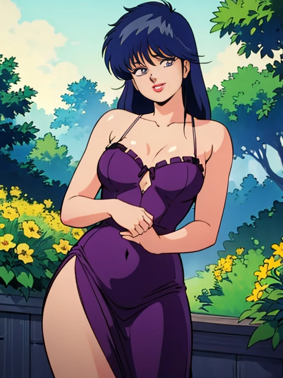 (Absurd, High resolution, Super detailed), masterpiece, Hinata(bolt), ((alone)), One person,Medium chest, Long purple Victorian dress, Mouth closed, (((Long Hair))),Are standing, Bodice and skirt patterns, Frilled Skirt, race, Blinking blinking effect, (((Detailed lips))), garden, Pink and yellow flowers, ((Realistic Skin)), Glowing Skin, ((Glossy Red Lips)), Purple eyes, Portraiture, beautiful, smile, (((Dark blue hair))), Bust Crop, Normal skin