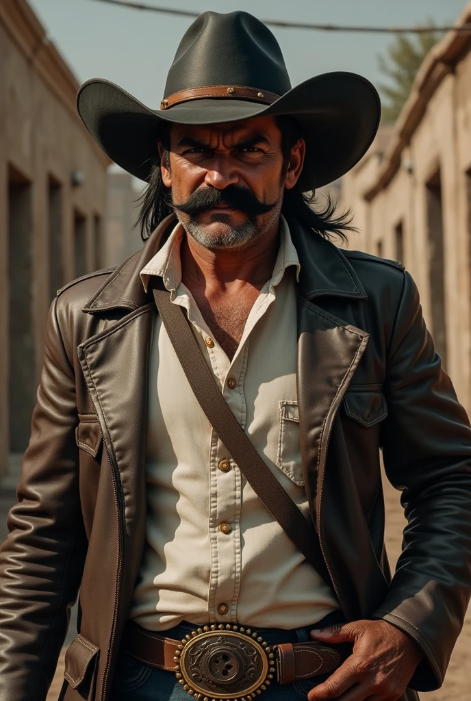 48-year-old Mexican cowboy with a mustache and an angry face. He wears a black hat with a brown strap, A bushy mustache like Ezequiel Zamora's, always comes out with brown gloves and a leather coat with a white shirt inside. You know when he's pissed off when he comes out with a bullet belt hanging like a fart