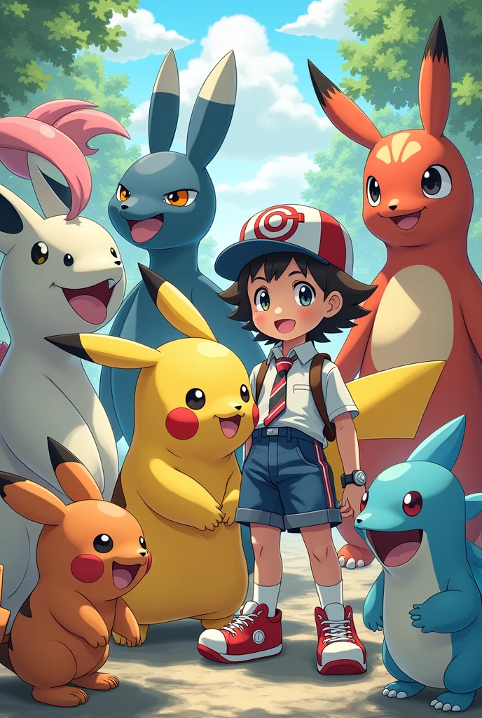 A party of Pokémon with Satoshi and Pikachu