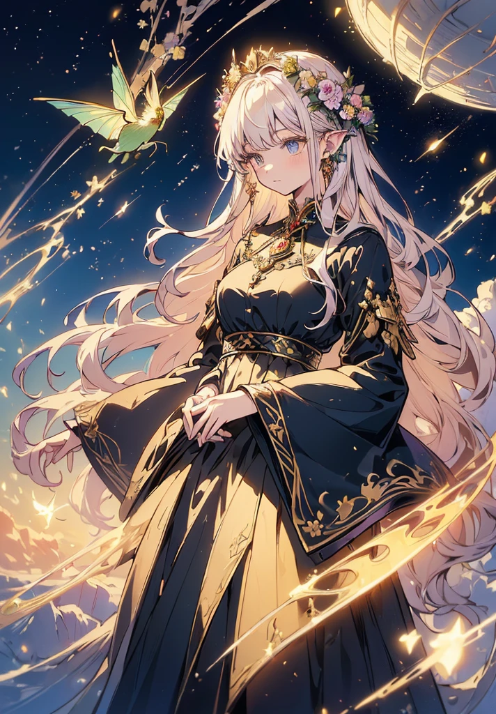 (high quality:1.4), (best quality:1.4), (masterpiece:1.4), official art, official wallpaper, surreal, beautifulgoddess, (1woman:1.1), (long wavy hair:1.1), (flower crown:1.1), (mystical creatures:1.1), (floating islands:1.1), (detailed landscape:1.1), (magic in the air:1.1), (stardust:1.1), night sky, (whimsical atmosphere:1.1), (dreamlike world:1.1), (bubbles:1.1), flying books, (luna moths:1.1), (moonlight:1.1), enchanted forest, (wisdom:1.1), (powerful energy:1.1), (guardian angels:1.1), (peaceful:1.1), vibrant colors, (detailed:1.05), (extremely detailed:1.06), sharp focus, (intricate:1.03), cinematic lighting, (extremely intricate:1.04), (epic scenery:1.09), vibrant colors, (beautiful scenery:1.08), (detailed scenery:1.08), (intricate scenery:1.07), (wonderful scenery:1.05),, (sharp focus,absurdres,high quality,masterpiece,highres,best quality:1.5), Midjourney