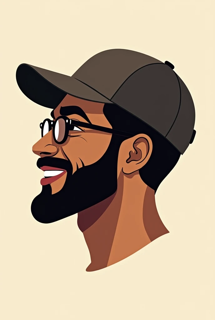 Create a logo with a vector of a brown-skinned man's face with strong features, wearing glasses and a cap, in profile, smiling.