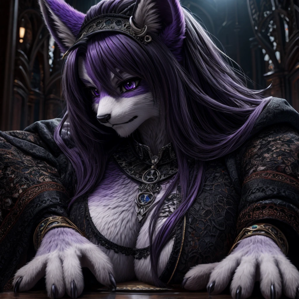 Masterpiece, High quality, High quality of art, best quality, best details, anime artstyle, ultra detailed, Tall, girl, black and dark purple fur, big ass, disgruntled look, long hair, gothic clothing, piercing, chest tattoo, black and purple fur, Curvaceous figure, Up close, very fluffy fur, paws, kemono, A look of disgust