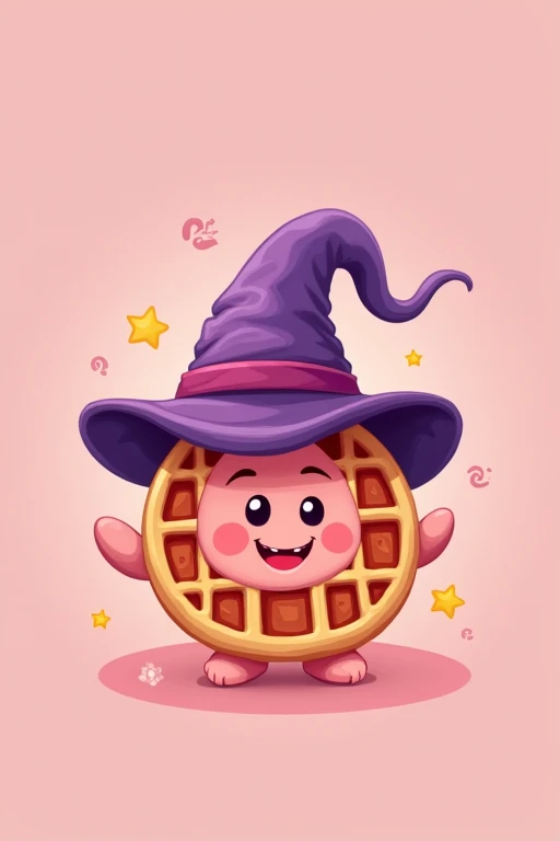 Pink logo related to waffles and the waffle wearing a witch hat 