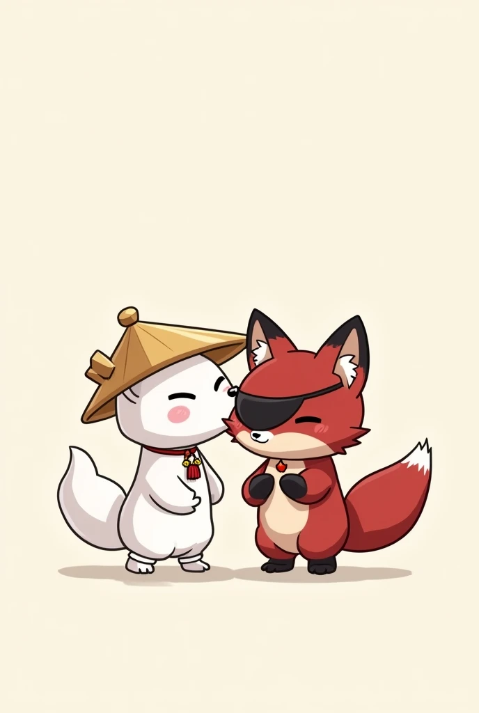 A chibi anime cartoon drawing of a small white ferret wearing a Chinese straw hat, with white bands around the front legs and one around the neck. Alongside a dark red fox wearing a black eye patch on its left eye