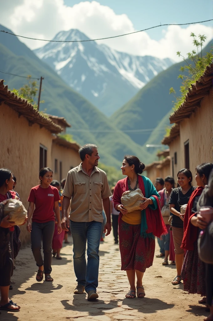 Make an image of a man and a woman , They begin to provide help to the most needy in the town, Peruvian highlands