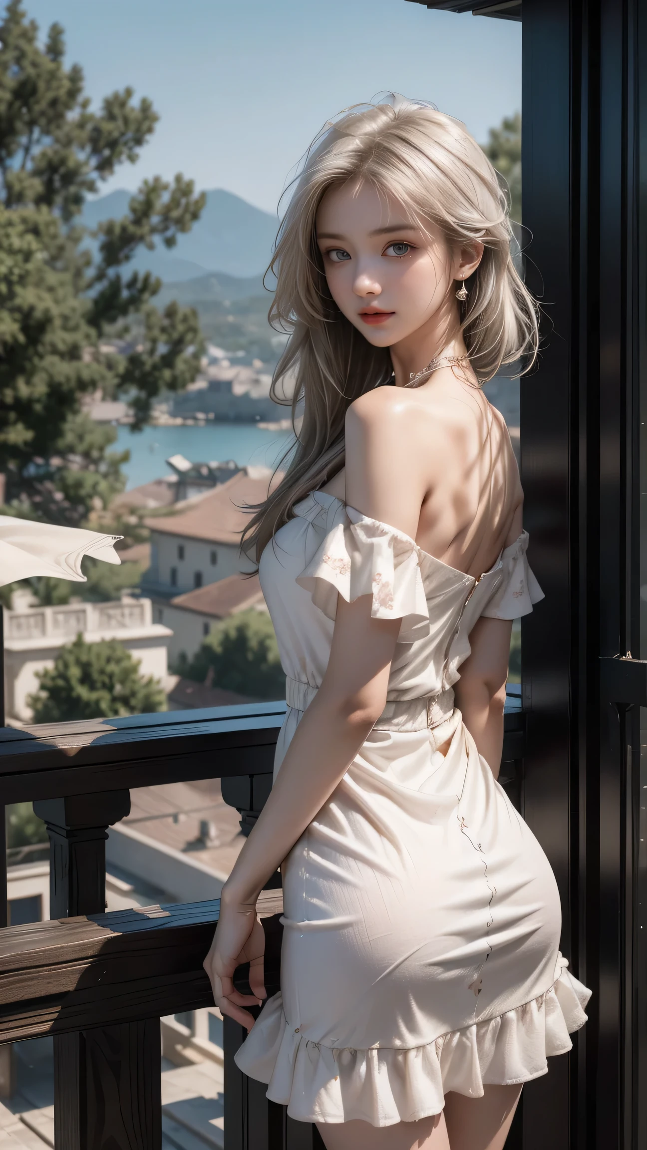 ((Woman Standing On Balcony Of Old Castle))Heterochromia of the iris,Silver-haired,High resolution free,(Semi-transparent off-the-shoulder white floral dress)、(Wind blows my skirt)((Girl Standing in Front of Library Bookshelves))、(Back view)、(Looking back)、Highest quality works,Actual work,Ultra Premium Graphics,8K HD CG Works,High Quality Graphics,High-definition CG works,10x pixels,Extremely fine detail:1.1,Advanced Technical Details:1.1 Photorealistic,Natural light:1.5、((Golden White Short Hair))、(Bob Hair)、Thin eyebrows、High nose、Nice red lips、Rose Cheeks、Face with Subtle Makeup、Cute Face、Perfectly balanced face、()、Bright Toned Foundation Enhances Skin Transparency。、、(Off-the-shoulder white floral dress)). 40k、photograph、Tabletop、Highest quality、Rain Background、((1 Beautiful Eyes、bright hair、White skin、 Mr.々Pose。((Medium chest、:1.1))、Highest quality、Tabletop、Ultra-high resolution、(Real:1.4)、RAWphotograph、(Perfect Figure)、(slim:1.3)、Slim abdomen、Perfect slim figure、Dynamic Pose、one person、Cold light 12000K、Very detailed face and skin texture、Fine particles、Realistic eyes、Beautiful Fine particles、(Real skin)、Charm、Ultra-high resolution、surreal、Very detailed、