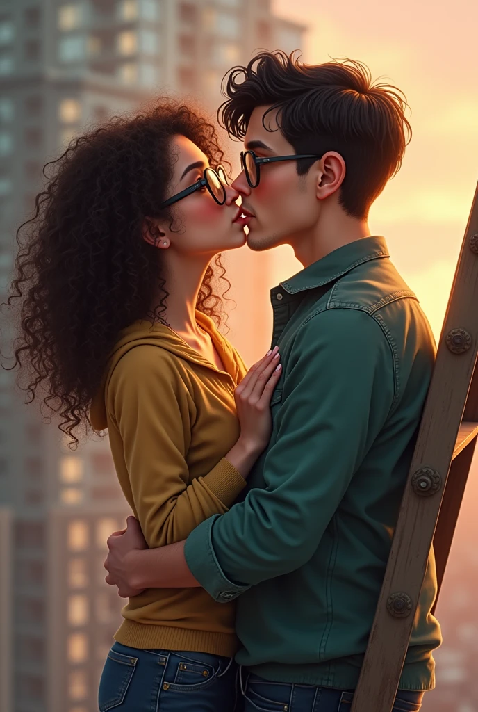 A young girl with glasses and curly hair flirts with and kisses an older gentleman with glasses and black hair who is taller than her on the lips., on a ladder
