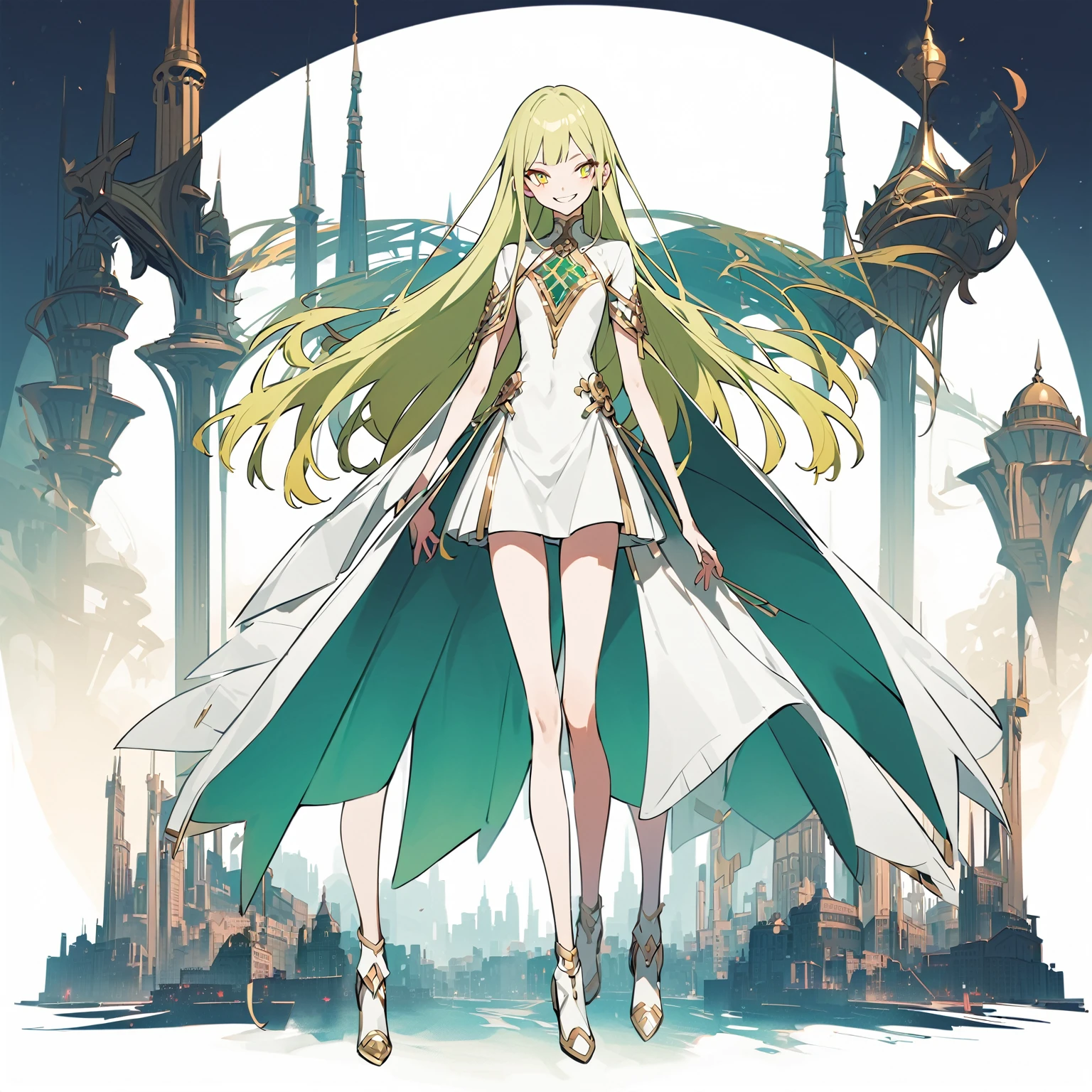 holy city background, whole body, slender, thin legs, Greenish-yellow hair，Yellow-green pupils，White clothes with green and yellow are embellished with gold and silver ornaments，She is a natural cute girl,((evil smile)),white thighhigh boots,full body, long hair, white clergy costume,((zero two)),