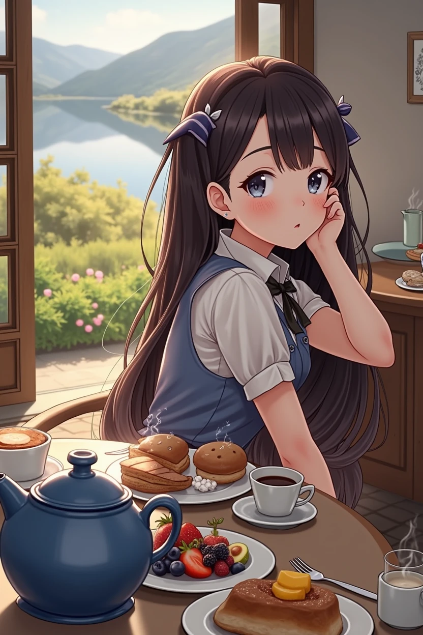 Realistic, real life, beautiful breakfast table by the water with background by greg rutkowski, style of laurie greasley, studio ghibli, geovane tarantino, james gilleard, genshin impact, pixiv trend fanbox, acrylic palette knife, 4k, (vibrant colors), (bright color contrast), (highly saturated), devinart, trend in artstation  