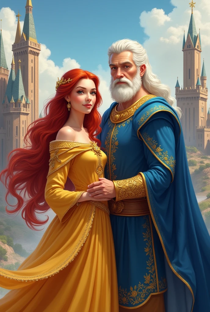 A couple. A queen with red hair wearing a yellow dress., and he is a king with big white hair dressed in blue. The couple is young, she is 20 years old and he is 24.
Behind them are 4 kingdoms.