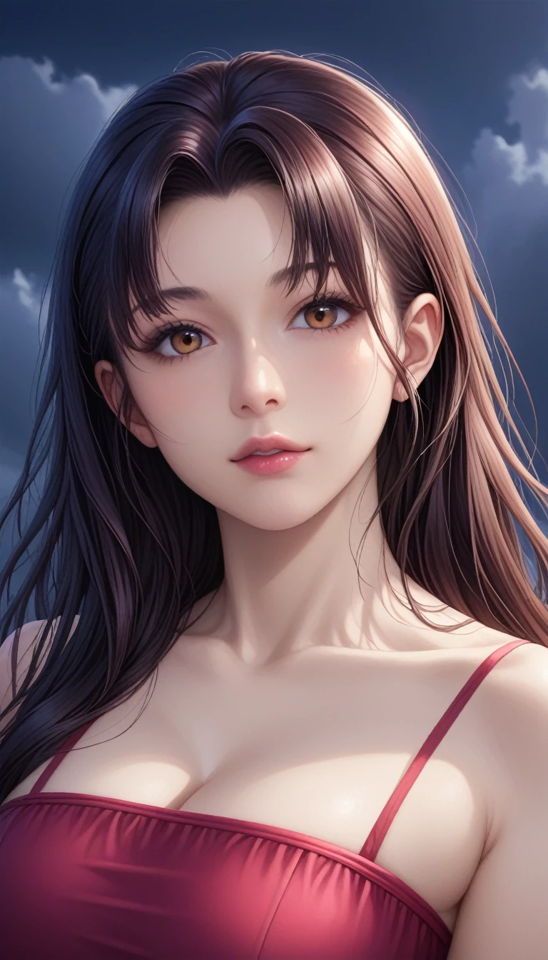 score_9, score_8_superior, score_7_superior, High-resolution CG illustration,A masterpiece in 32K resolution,Highest quality,it is really amazing,Very detailed,Ultra-high resolution,Ultra-realistic,Realistic,Increased depth of field,Cinematic lighting,
Sexy mature Japan woman,
Straight long hair with black hair,Ultra-detailed and beautiful face,Calm and gentle look,Beautiful brown eyes,Translucent white skin,Realistic skin texture,Great proportions,
Elegant red swimsuit,
Simple design,Chic color scheme based on red,Detailed fabric texture,
(Dark overcast sky on a dull night:1.1),(Dark clouds filling the sky:1.1),Thundercloud,Coastline at night,Stormy seas,delay々A desolate sandy beach that continues,
(砂浜に足をdelayばして座っている:1.1),High angle,