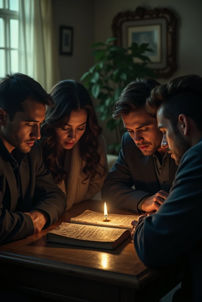 two men and two women gathered in a living room, pensive with an air of mystery of the book with sinister photo