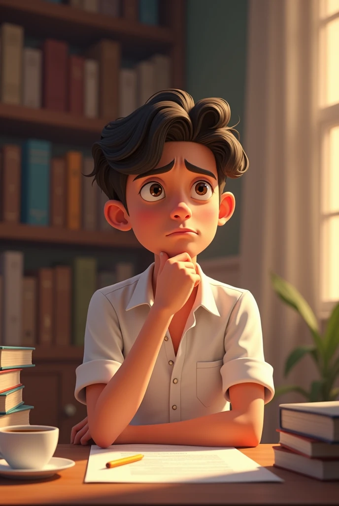 A Pixar-esque image of a young man in a white shirt taking a test nervously, Thinking about how to write your essay