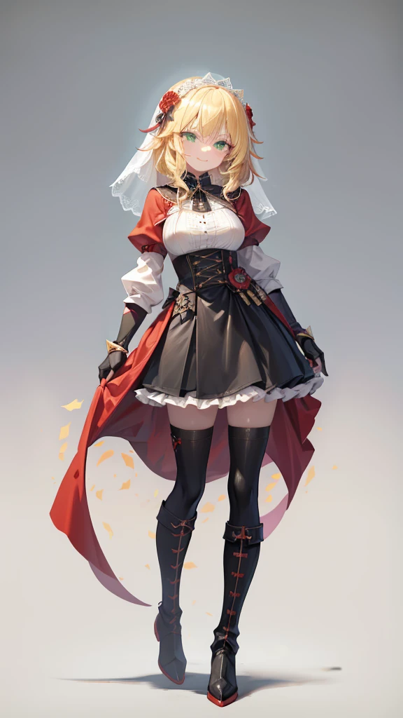 masterpiece, Highest quality, No background, A full body image of a woman, huge breasts, blonde hair, medium hair, She is wearing a white veil with red flowers on her head, Pale skin,upbeat smile,closed mouth,tall ,Green Eyes,wavy hair, black thigh high boots,black gauntlets,  Black Skirt , Thin straight hanging eye, Holding nothing in hands, BREAK, He is wearing a red cloak.,  Standing upright, Black armor,Arched eyebrows